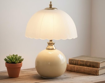 Ceramic Table Lamp with Scalloped Shade, Modern Bedside Lamp, Soft Beige Home Decor, Cozy Lighting, Unique Gift