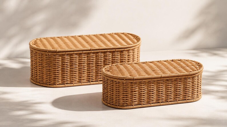 May include: Two woven wicker storage baskets in a light brown color. The baskets are oval-shaped with matching lids. The larger basket is in the background, and the smaller one is in the foreground. The baskets are on a white surface.