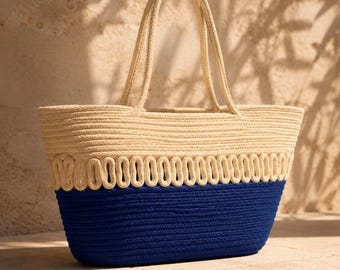 Große gewebte Tragetasche, Strohkorbtasche, Strandtasche aus Baumwolle, Sommer-Schultertasche, Marktkorbtasche, Boho-Handtasche