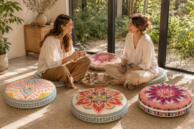 May include: Four round floor cushions featuring intricate mandala-inspired patterns in vibrant shades of pink, orange, teal, and cream. Each cushion has a low-profile design with a decorative side border and a flat, circular top surface.