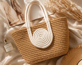 Borsa a cestino in cotone intrecciata a mano, borsa tote intrecciata a mano, cestino portaoggetti rustico, borsa da mercato minimalista, organizer multiuso, borsa da spiaggia