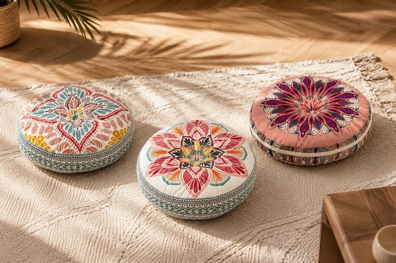 May include: Three round floor cushions featuring intricate mandala-style patterns in vibrant colors including pink, teal, yellow, and red. Each cushion has a thick, cylindrical shape with detailed geometric borders along the side panels.
