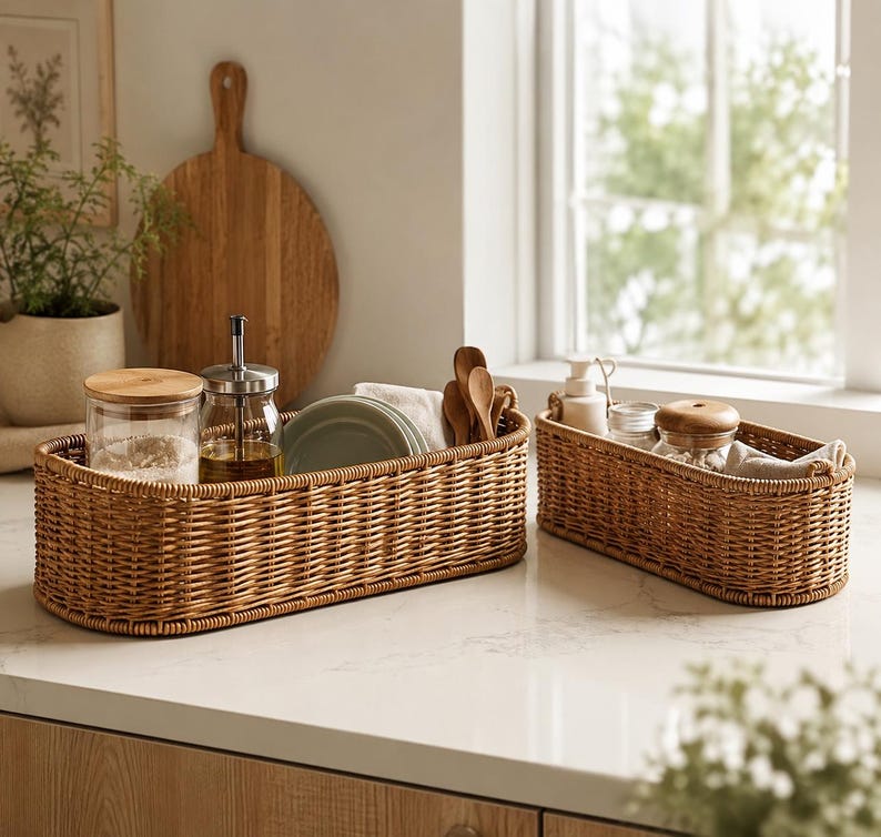 May include: Two woven rattan baskets on a countertop. One basket holds plates, utensils, and a glass jar. The other basket contains a jar, a bottle, and a cloth. A wooden cutting board and a plant are in the background.