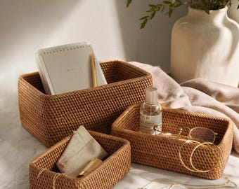 Rattan Basket Rectangular Storage, Home Organization Decor, Boho Rustic Basket, Open Top Organizer, Unique Handmade