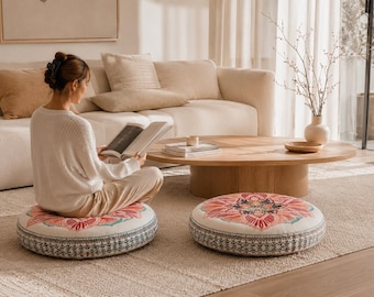 Round Floor Cushion 45cm Thick Meditation Cushion, Boho Floor Pillow, Futon Seat Cushion, Cotton Mandala Cushion, Floor Seating Decor