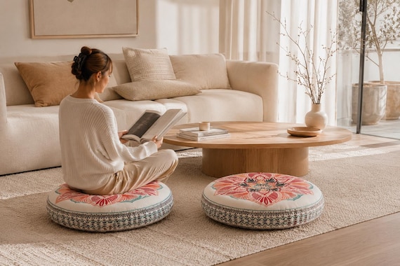 Round Floor Cushion 45cm Thick Meditation Cushion, Boho Floor Pillow, Futon Seat Cushion, Cotton Mandala Cushion, Floor Seating Decor