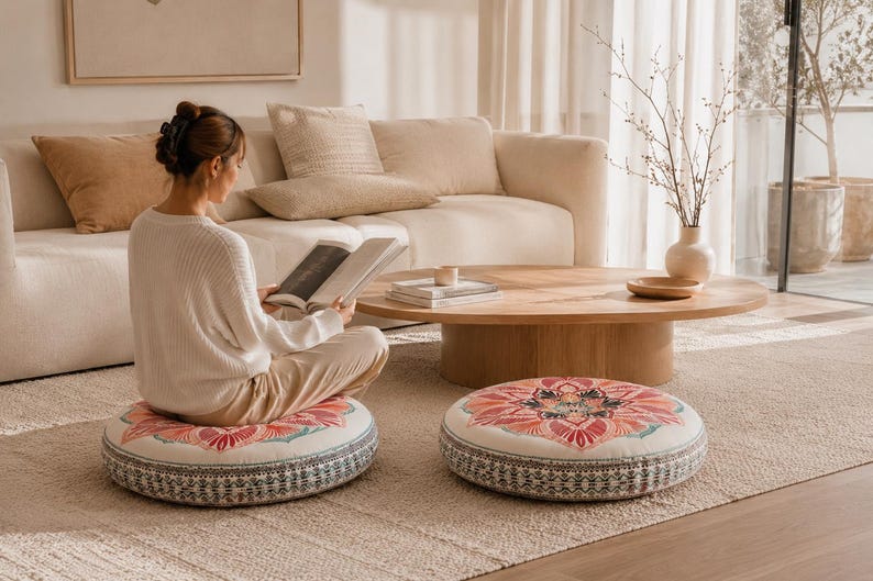 May include: Two round floor cushions featuring a central mandala pattern in shades of pink, orange, and teal on a cream background. The sides of the cushions are decorated with a detailed black and white geometric border print on a white fabric base.