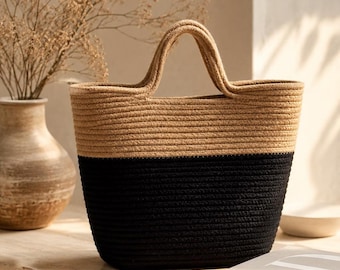 Gewebte Strohtasche, schwarz-beige Strandhandtasche, handgefertigte Tasche aus Baumwollseil, große Sommertasche, schicke Urlaubstasche im Küstenstil