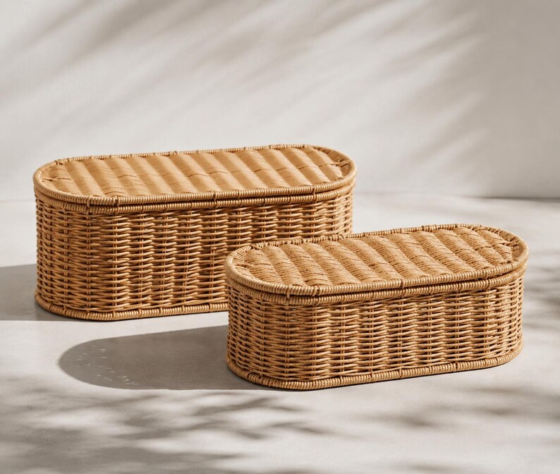 May include: Two woven wicker storage baskets in a natural tan color. The baskets are oval-shaped with matching lids. The larger basket is approximately 24 inches long, and the smaller one is about 16 inches long. The baskets are suitable for home organization.