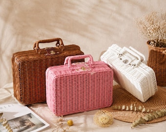 Vintage-Aufbewahrungskoffer aus Weide, handgefertigter Picknickkorb aus Bambus, Aufbewahrungsbox aus Rattan im Retro-Stil, Organizer im Cottagecore-Stil, gewebter Kosmetikkoffer