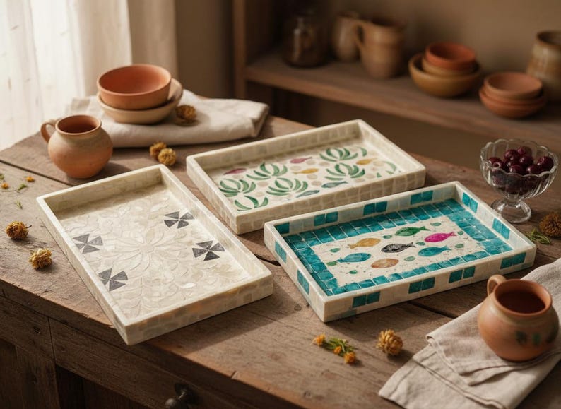 May include: Three decorative rectangular trays with mosaic designs. One tray features a floral pattern, another has a fish motif, and the third has a geometric design. The trays are on a wooden surface.
