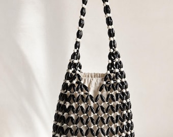 Gewebte, perlenbesetzte Schultertasche, handgefertigte Perlen-Tragetasche, luxuriöse Resort-Handtasche, minimalistische Sommertasche, Tasche für Hochzeitsgäste