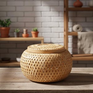 Peut inclure: Un récipient de rangement rond en bambou tressé avec un couvercle. Le récipient est brun clair et repose sur une surface en bois. Le motif de tissage crée un motif en losange. L'arrière-plan comprend un mur de briques blanches et des étagères en bois.