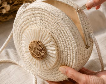 Boho Straw Crossbody Bag, Vintage Woven Straw Purse, Round Rattan Beach Bag, Handmade Summer Shoulder Bag, Bohemian Handbag for Women