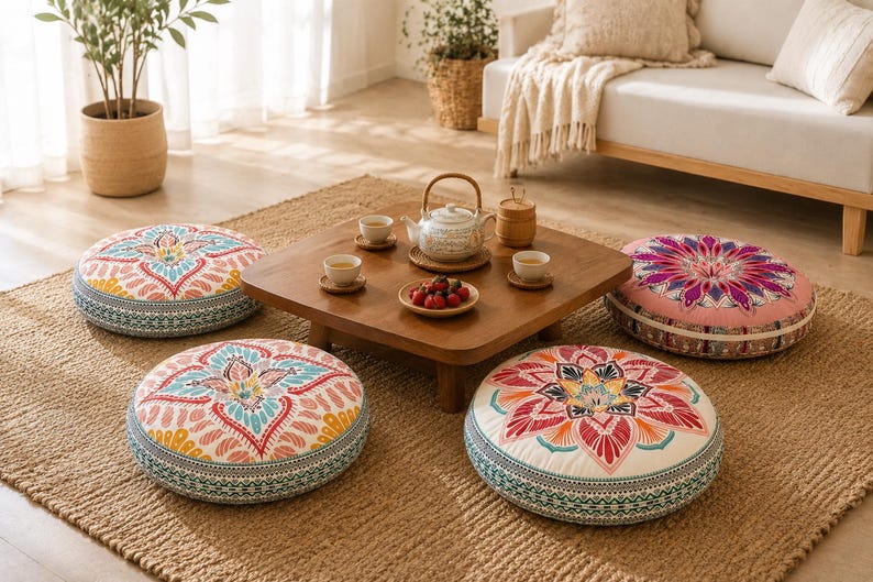 May include: Four round floor cushions featuring intricate mandala-style patterns in vibrant shades of pink, teal, yellow, and orange. Each cushion has a thick, cylindrical profile with a detailed geometric border along the side edges.