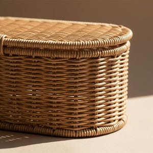May include: A close-up of a rectangular, woven wicker basket with a rounded lid. The basket is a light brown color and has a tightly woven pattern. The lid fits snugly on top of the basket.