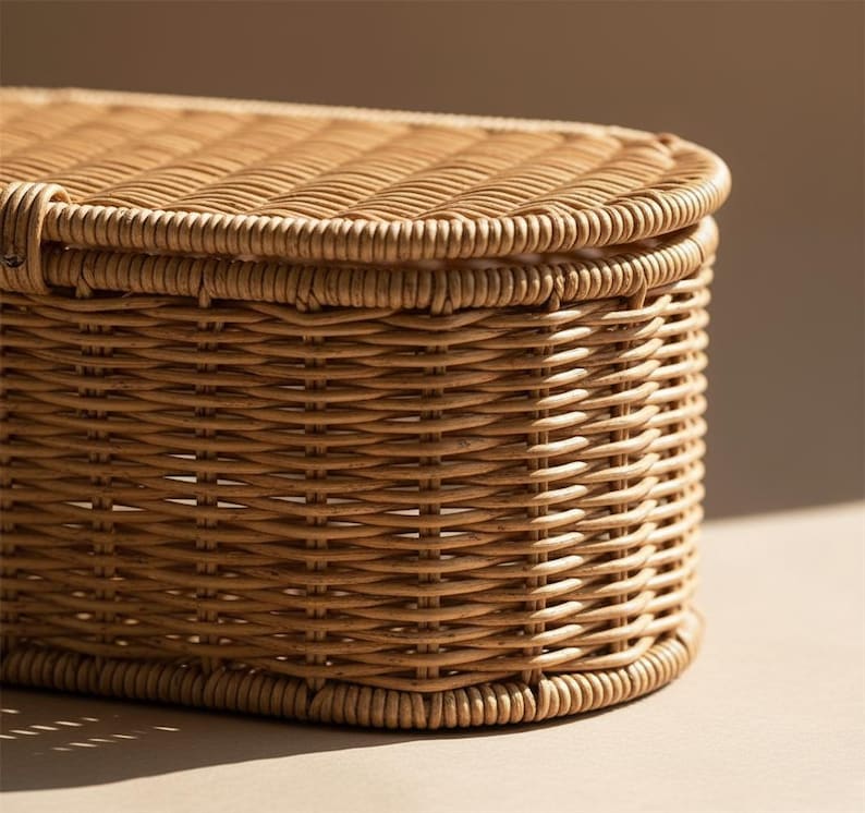 May include: A close-up of a rectangular, woven wicker basket with a rounded lid. The basket is a light brown color and has a tightly woven pattern. The lid fits snugly on top of the basket.
