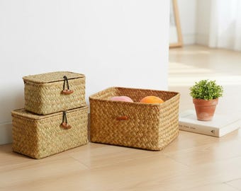 Gewebter Aufbewahrungskorb aus Seegras mit Klappdeckel zur Organisation von Wohnräumen