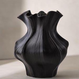 Peut inclure: Un vase noir mat doté d'un bord ondulé et froncé, caractérisé par une texture verticale profondément nervurée qui forme une série de courbes organiques et fluides sur toute la surface extérieure, de la base large jusqu'au sommet.