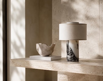 Marmor-Tischleuchte mit Stoffschirm, luxuriöse moderne Nachttischleuchte, minimalistische Schreibtischleuchte aus Stein, Travertin-Dekor, Designer-Nachttischleuchte