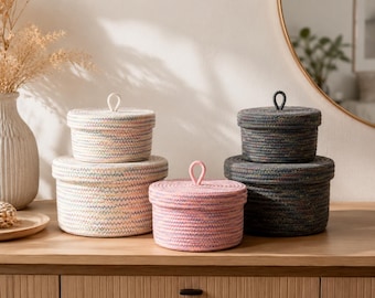 Aufbewahrungskorb aus Baumwollseil mit Deckel, gewebter Organizer-Korb, Aufbewahrungsbox für Kinderzimmer, Badezimmerkorb, Dekokorb, Regalorganizer