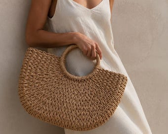 Handgefertigte Stroh- und Rattantasche für Damen | Vintage-Tragetasche | Luxuriöse Strandhandtasche für den Sommer | Minimalistische Korbtasche im Boho-Chic-Stil