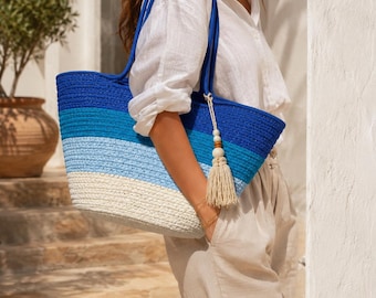 Gewebte Tragetasche aus Baumwollseil für Damen, Boho-Schultertasche, Strandtasche für den Sommer, handgefertigte Baumwollhandtasche, Urlaubstasche, Tasche im Küsten-Chic