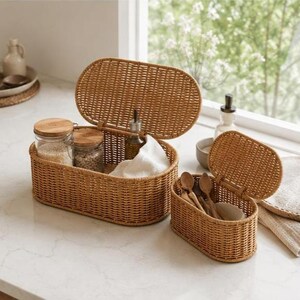 May include: Two woven wicker storage baskets with hinged lids. The larger basket contains glass jars with wooden lids and a white cloth. The smaller basket holds wooden spoons. Both are open, revealing their contents.