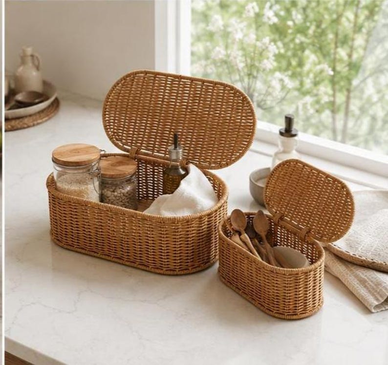 May include: Two woven wicker storage baskets with hinged lids. The larger basket contains glass jars with wooden lids and a white cloth. The smaller basket holds wooden spoons. Both are open, revealing their contents.
