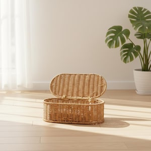 May include: An open, oval-shaped wicker basket with a hinged lid. The basket is light brown and sits on a light-colored wooden floor. A large potted plant with green leaves is in the background.