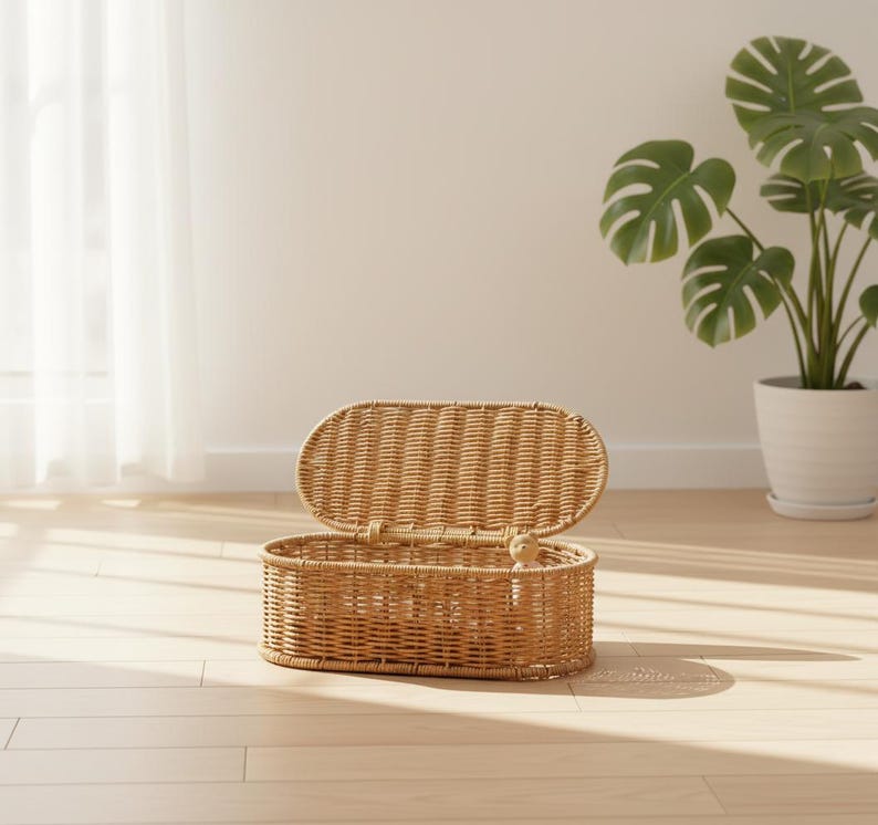 May include: An open, oval-shaped wicker basket with a hinged lid. The basket is light brown and sits on a light-colored wooden floor. A large potted plant with green leaves is in the background.