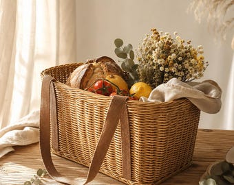 Cesta de picnic tejida con asa, cesta de mercado de mimbre, cesta de almacenamiento tejida a mano, bolsa rústica de paja, organizador de baño