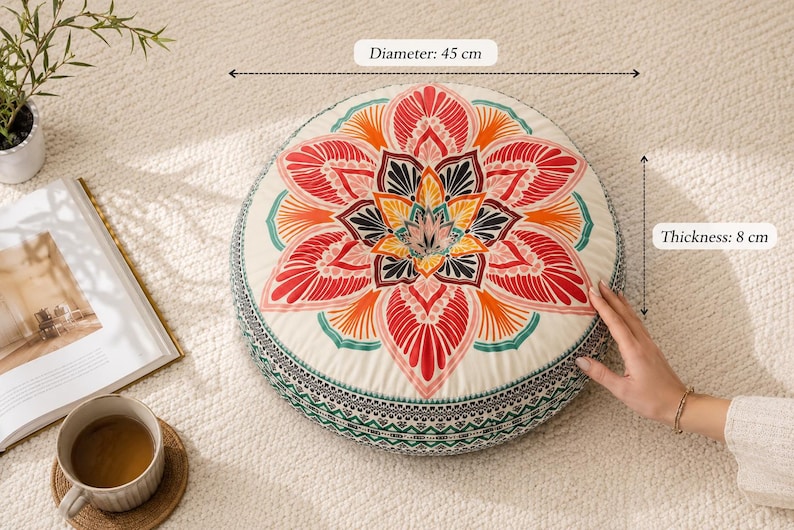 May include: A round floor cushion featuring a vibrant, multi-colored mandala pattern in shades of red, orange, yellow, and teal on an off-white background. The cushion has a diameter of 17.7 inches and a thickness of 3.1 inches as labeled.