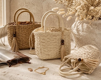 Stroh-Rattan-Umhängetasche, gewebte Sommerhandtasche, Boho-Schultertasche, handgefertigte Strandtasche, leichte Urlaubstasche, Damen-Resort-Stil