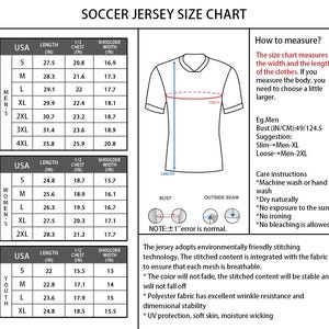 Puede incluir: Tabla de tallas de camisetas de f&uacute;tbol con medidas en pulgadas para hombre, mujer y j&oacute;venes. Incluye largo, pecho y ancho de hombros. Tambi&eacute;n muestra c&oacute;mo medir e instrucciones de cuidado.