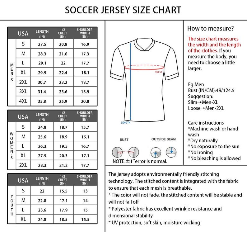 Puede incluir: Tabla de tallas de camisetas de f&uacute;tbol con medidas en pulgadas para hombre, mujer y j&oacute;venes. Incluye largo, pecho y ancho de hombros. Tambi&eacute;n muestra c&oacute;mo medir e instrucciones de cuidado.
