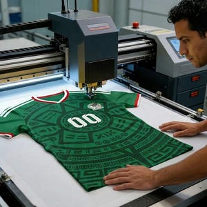 Puede incluir: Una camiseta de f&uacute;tbol verde y negra con el n&uacute;mero "00" est&aacute; siendo impresa por una m&aacute;quina grande. La camiseta tiene rayas blancas en los hombros y un ribete rojo y blanco en el cuello y las mangas. Un hombre est&aacute; de pie junto a la m&aacute;quina.