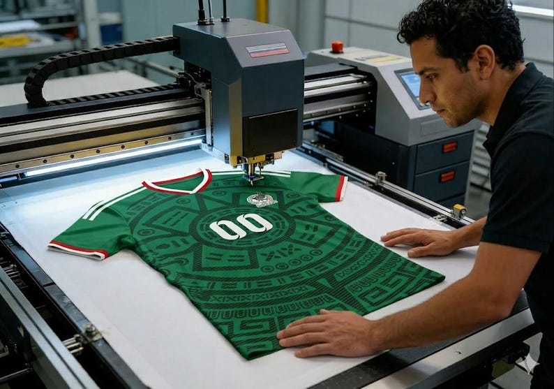 Puede incluir: Una camiseta de f&uacute;tbol verde y negra con el n&uacute;mero "00" est&aacute; siendo impresa por una m&aacute;quina grande. La camiseta tiene rayas blancas en los hombros y un ribete rojo y blanco en el cuello y las mangas. Un hombre est&aacute; de pie junto a la m&aacute;quina.