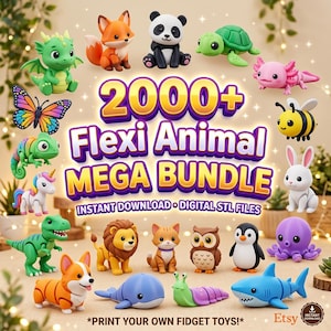 May include: A collection of colorful, 3D-printed flexi animal toys, including a dragon, fox, panda, turtle, axolotl, bee, butterfly, chameleon, unicorn, dinosaur, lion, cat, owl, penguin, octopus, corgi, whale, snail, and shark. The image includes the text "2000+ Flexi Animal MEGA BUNDLE".