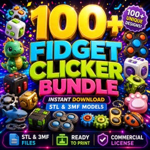 Puede incluir: Un paquete digital de más de 100 diseños únicos de fidget clicker que incluye un dinosaurio verde, un tiburón, una mariquita y cubos geométricos. El texto dice 100+ UNIQUE DESIGNS, FIDGET CLICKER BUNDLE, INSTANT DOWNLOAD, STL & 3MF MODELS.