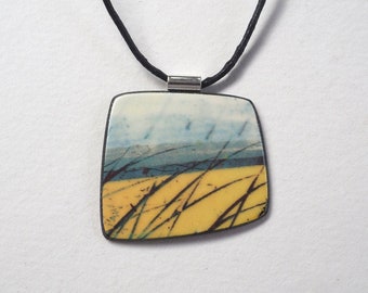 Contemporary Statement Porcelain Ceramic Skyline Necklace, Handmade Pendant, Coastal Colours (Squared)