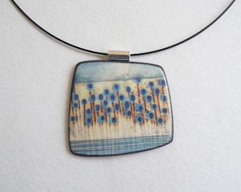 Contemporary Porcelain Statement Necklace, Handmade Pendant, Blue Stems