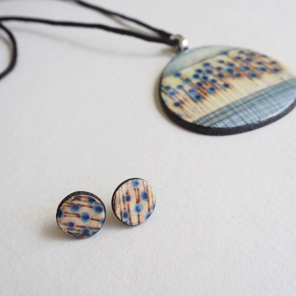 Contemporary Blue Stems Porcelain Round Stud Earrings Inspired By Nature with Silver wires