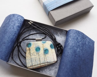 Contemporary Porcelain Statement Necklace, Handmade Pendant, Blue Seed-heads Square