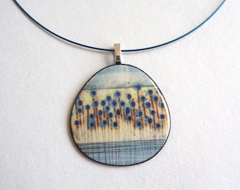 Contemporary Porcelain Statement Necklace, Handmade Pendant, Blue Stems Round