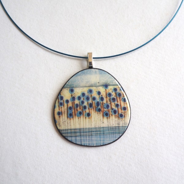 Contemporary Porcelain Statement Necklace, Handmade Pendant, Blue Stems Round