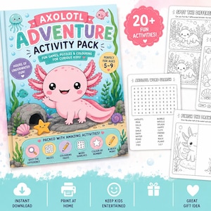 Pode incluir: Um pacote de atividades Axolotl Adventure com um axolote rosa na capa e ilustrações subaquáticas. O pacote inclui folhas de atividades com jogos de encontrar diferenças, colorir por números, caça-palavras e desenhos para completar.