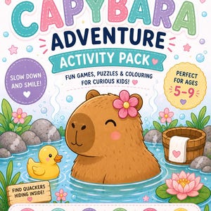 Pacote de atividades imprimíveis sobre capivaras - Desenhos para colorir e atividades relaxantes