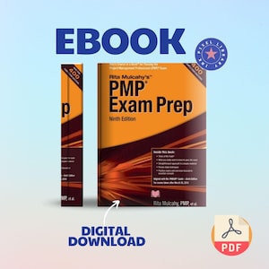 Puede incluir: Imagen del libro "Rita Mulcahy's PMP Exam Prep, Ninth Edition", disponible para descarga digital. El libro tiene una portada naranja y marrón con el texto "PMP Exam Prep". También hay un icono PDF.