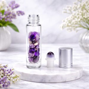 Amethyst Crystal Roller Bottle – Refillable Essential Oil Bottle, Aromatherapy Perfume Roller, Healing Stone Bottle, Spiritual Gift
